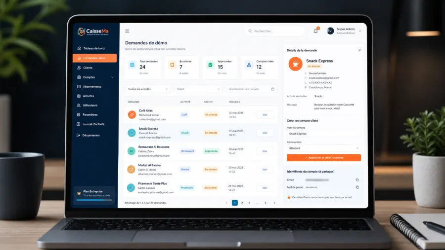Admin CaisseWebApp validant une demande demo