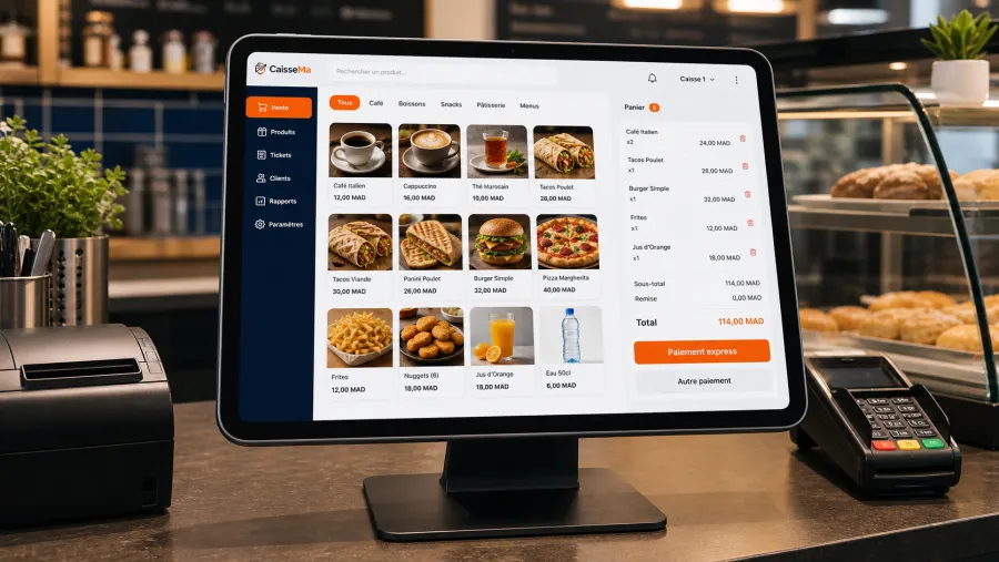 Interface CaisseWebApp avec produits, panier et paiement express