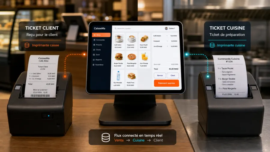 Workflow CaisseWebApp avec imprimante client et imprimante cuisine